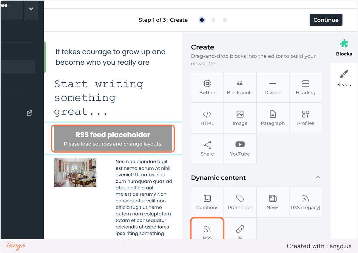 Drag and drop RSS feed block